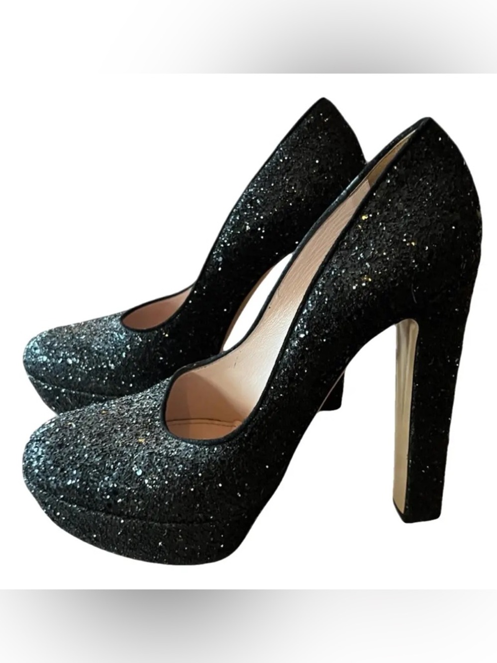 Miu Miu Camosci Black Glitter Block Heel Pumps EU 41 Size 11B